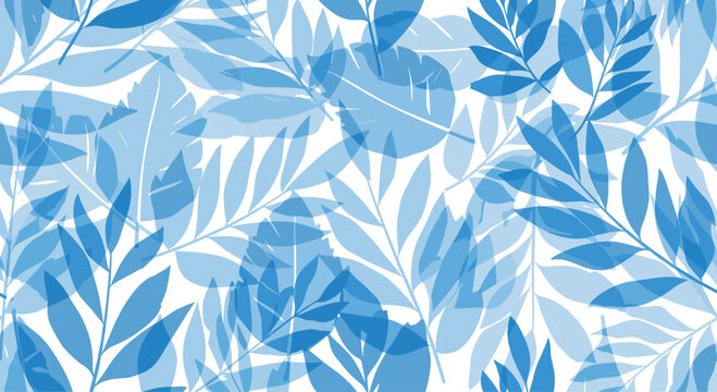 Refreshing seamless pattern showcasing various transparent blue leaves elegantly overlapping each other, creating a modern and serene botanical design on a white background.