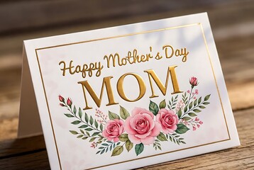 Happy Mother's Day greeting card with floral border on rustic wooden background