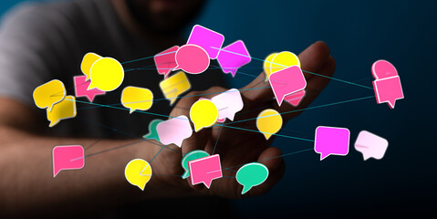 Abstract network of message bubbles connecting with hand for communication and social media concepts.