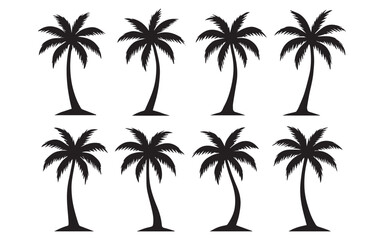 Obraz premium Collection of eight black palm tree silhouettes isolated on a white background