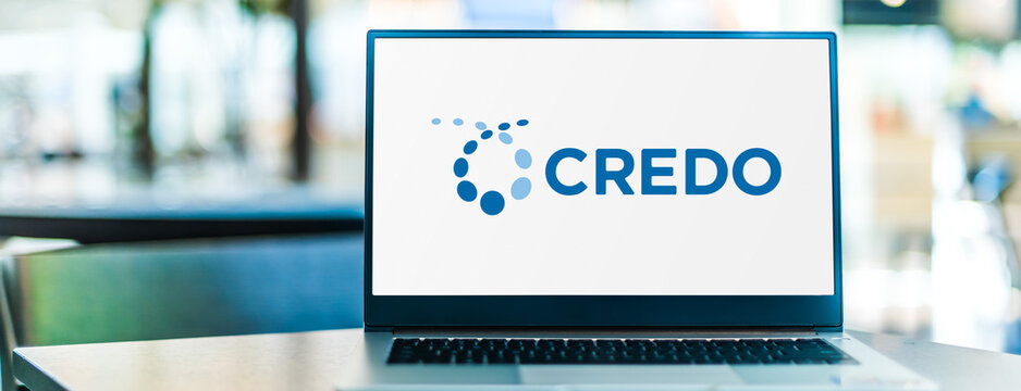 Laptop computer displaying logo of Credo company