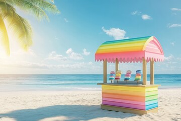 Colorful beach ice cream stand on sunny day near the ocean shoreline