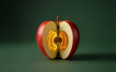 Red apple cut in half revealing glowing golden core on dark background