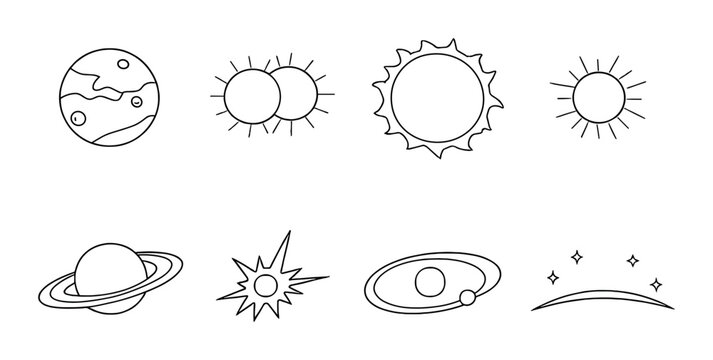 Celestial outlines: planets, stars, and stellar phenomena in monochrome