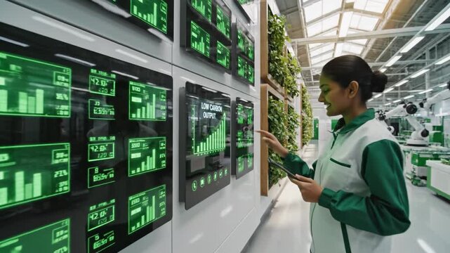 Woman monitoring indoor vertical farm control panel with tablet and sensor data modern greenhouse technician checks low carbon output monitor and industrial touchscreen displaying green energy