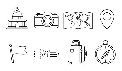 Travel icons set featuring camera, map, luggage, compass, and more