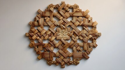 Wooden wall art with intricate woven pattern and radial arrangement design