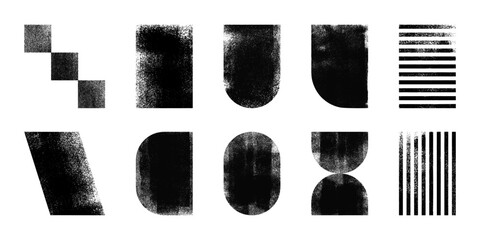 Set of grunge post stamps, geometric shapes with ink roller texture, rectangle, square, oval. Letterpress vintage forms, linocut elements vector illustration isolated on transparent background