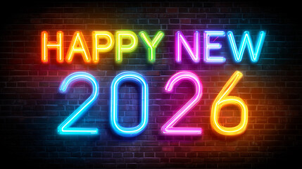 Happy New Year 2026, vibrant neon sign typography, glowing multicolor neon tubes, dark brick wall background, bright reflections, cyberpunk aesthetic, vivid light bloom