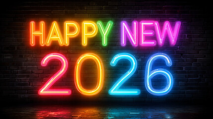 Happy New Year 2026, vibrant neon sign typography, glowing multicolor neon tubes, dark brick wall background, bright reflections, cyberpunk aesthetic, vivid light bloom
