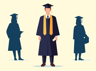 male graduate in cap, gown and golden stole holding a diploma standing between the silhouettes of two other students