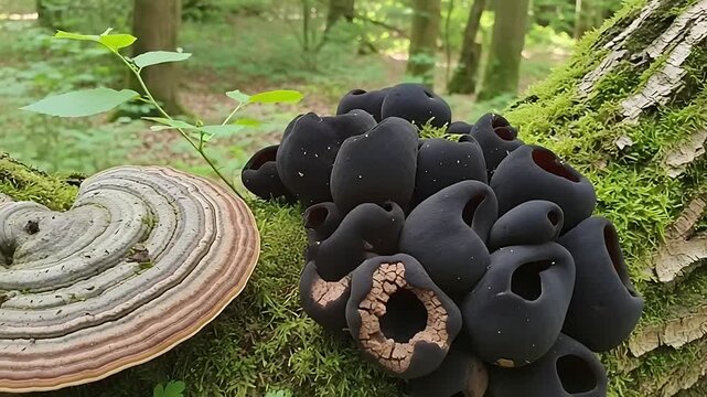 black shelf fungi cluster on mossy log in forest