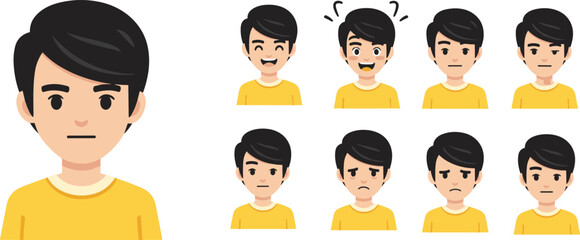 Male avatar facial expressions set, young boy emotions collection, cartoon character faces, flat vector illustration isolated white background design pack