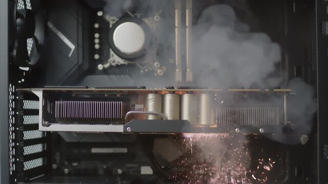 Extreme close up of a personal computer graphics card short circuiting and catching fire. An electrical failure causes sparks, an explosion, and smoke, destroying the expensive component