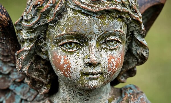 Weathered Angel Statue Face with Moss and Peeling Paint, Close Up Detail.