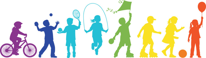 Colorful children silhouettes playing outdoors, biking, jumping rope, flying kite, roller skating, tennis, balloon fun, active kids, summer joy © Love's World