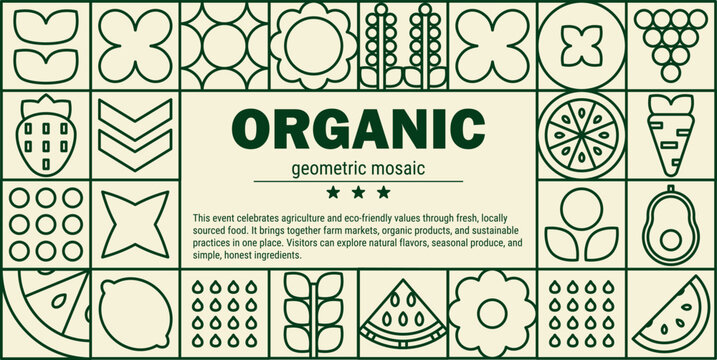 Nature eco line banner with abstract leaf and flower fruits farm mosaic pattern.
