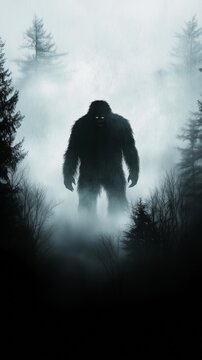 Mysterious silhouette of abigfoot in a misty forest learing