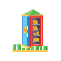 Obraz premium Colorful cartoon safe overflowing with gold bars and stacks of cash represents financial security and wealth accumulation