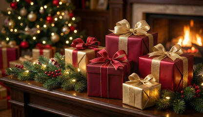 Festive Christmas gift boxes wrapped in red and gold paper placed under a decorated Christmas tree, warm holiday lighting, cozy indoor atmosphere, seasonal celebration concept, high-quality photograph
