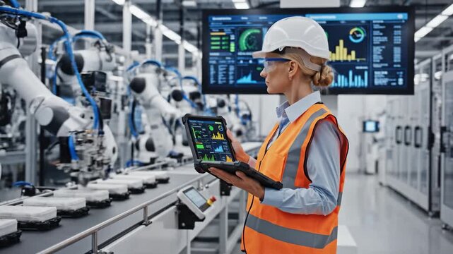 Female engineer safety helmet and orange vest inspecting automated production line with tablet displaying analytics and robotic arms modern factory hard hat and reflective vest monitor industrial