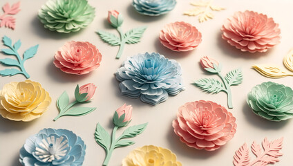 Pastel paper flowers and leaves pattern on beige background. Spring floral flat lay composition. Concept for International Women's Day, Mother's Day or Easter greeting card