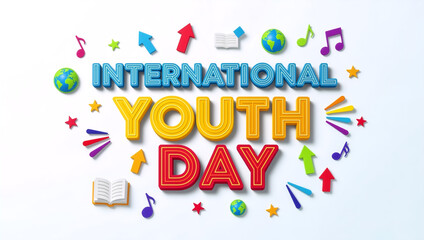 International Youth Day 3D text illustration with colorful icons. Celebration background with globe, book, and music symbols. Global holiday concept for banner or poster