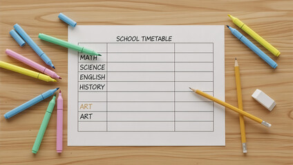 School timetable sheet on wooden desk with colorful markers and pencils. Back to school education concept. Knowledge Day planning flat lay