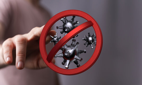 Abstract conceptual image with red stop sign over coronavirus particles symbolizing anti-virus, no virus, prev