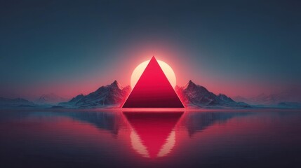Abstract geometric pyramid with mountain landscape and water reflection