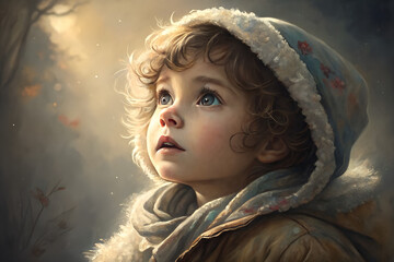 Portrait of a child with curious expression, soft lighting, gentle brush strokes, tender and expressive composition, oil painting style