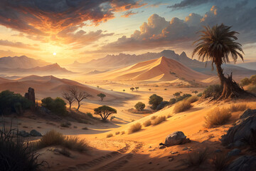 Desert landscape with tall sand dunes, warm sunset light, shadows creating texture, vast and dramatic scene, oil painting style