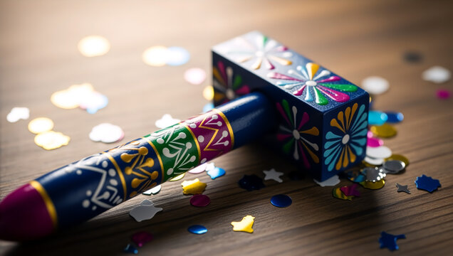 Close-up of a colorful wooden Purim grogger. Traditional Jewish holiday noisemaker (ra'ashan) with festive confetti for celebration
