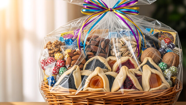 Mishloach Manot for Purim celebration. A festive Jewish holiday gift basket with Hamantaschen, nuts, and sweets