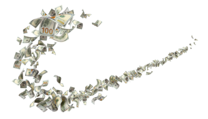 Flying hundred dollar bills swirling in dynamic motion, isolated on transparent cutout background