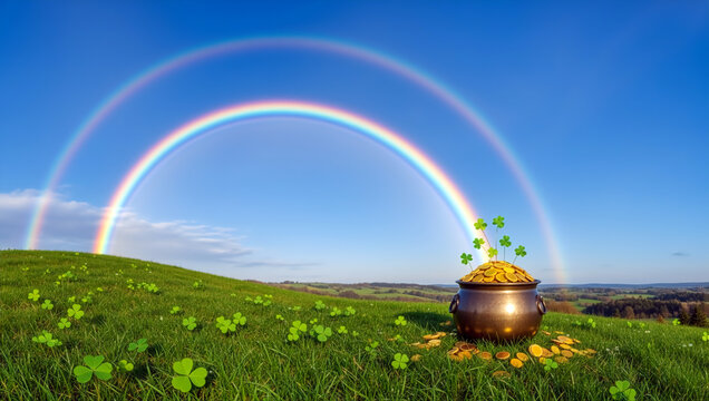 A pot of gold with shamrocks at the end of a rainbow on a green hill. St. Patrick's Day concept of luck and fortune. Idyllic Irish landscape background