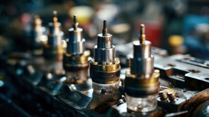 Diesel engine specialists inspecting and updating fuel injection components in a bus engine with sharp focus on parts and soft focus on surrounding tools.