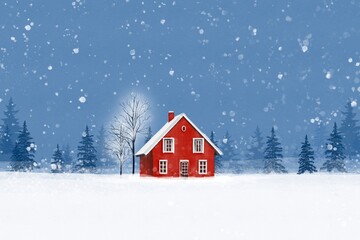 A cozy old wooden red house covered in snow during a peaceful winter Christmas in a rural mountain landscape vintage isolated hand drawn
