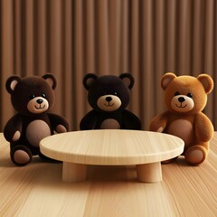 Three teddy bears sitting near wooden table.