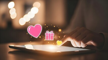 Hand touching tablet screen with glowing heart and gift icons representing online dating social media and digital connection.