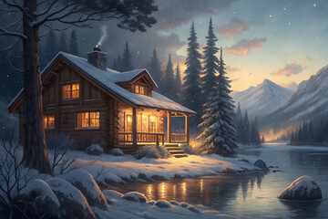 Cozy cabin by frozen lake, snow-covered landscape, warm indoor light glowing through windows, tranquil winter scene, oil painting style