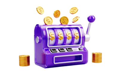Purple slot machine with dollar signs and gold coins in a3D