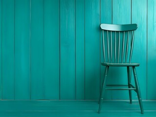 Vintage wooden chair in teal room interior.