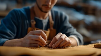 Leather craftsman stitching a wallet by hand using waxed thread and metal needles, macro focus on precision, patience, and slow fashion values. cinematic color correction, natural uneven lighting
