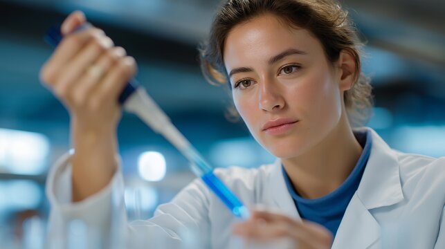 A lab technician carefully pipetting a vivid blue reagent into a crystal-clear microtube, soft LED bench lighting revealing swirling gradients as the chemical reaction begins — advanced - Powered by Adobe