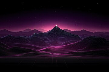 Digital mountains with lights at peaks against a pink sky