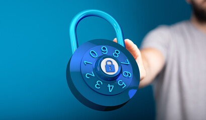 Protecting digital data using a blue padlock. Concept of security and privacy. Man holding the lock, illustrati