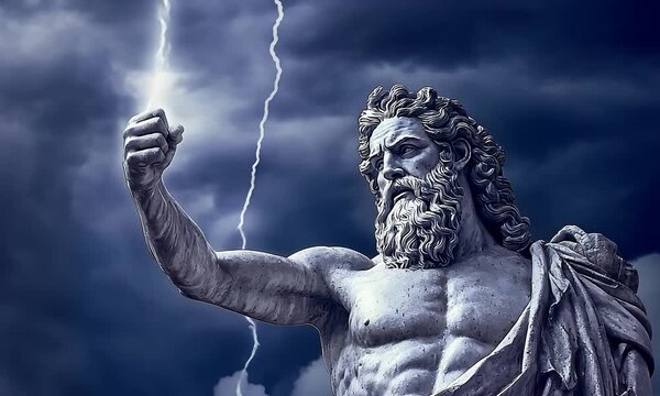 Majestic Greek God Zeus Statue Commands Lightning Amidst a Dramatic Stormy Sky.