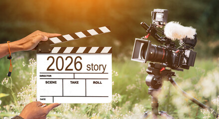 Story of the year 2026. film crew holding clapperboard. movie industry.
