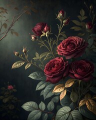 Dark vintage floral background, deep burgundy roses and green foliage, dramatic shadows, antique oil painting style, textured canvas background, elegant and moody, no typography
